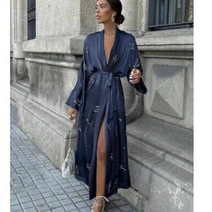 Zara Kimono Beaded Dress Limited Edition Grey Blue Size L NWT